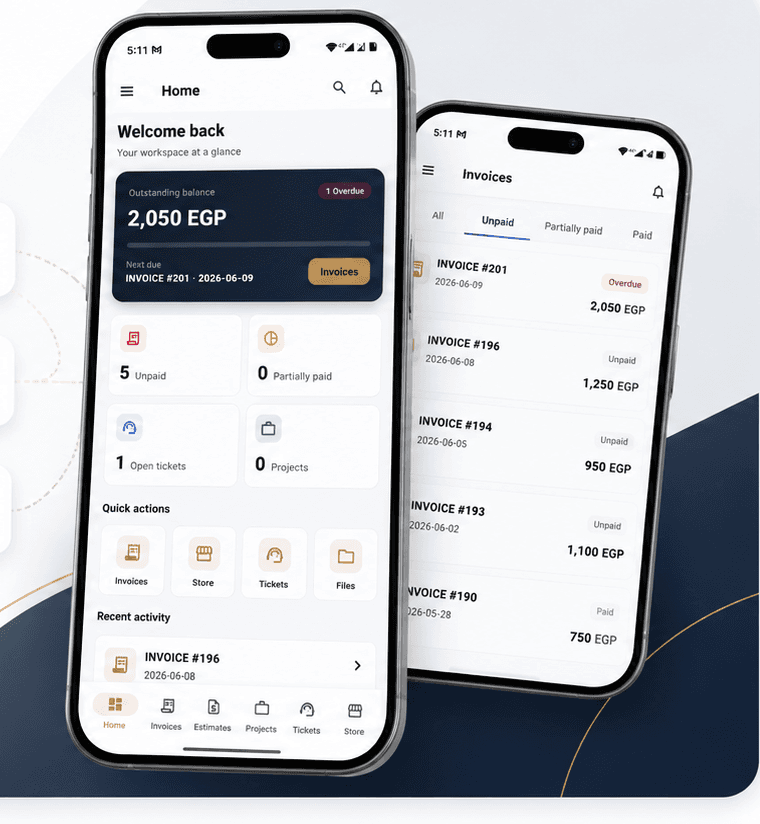 بوابة عملاء على الهاتف مبنية بـ Flutter للفواتير والأرصدة والمشاريع والملفات وتذاكر الدعم
