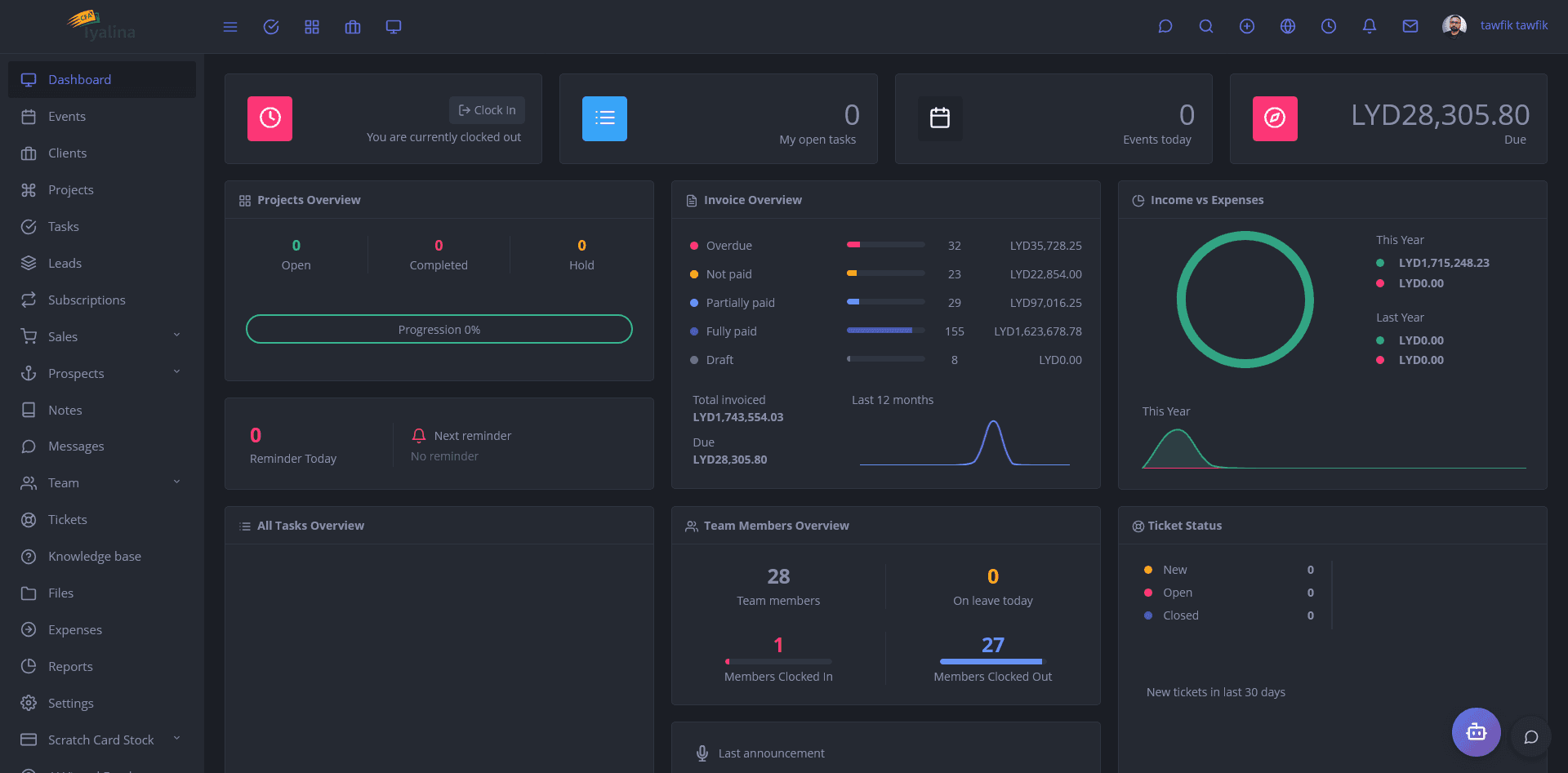 Laravel operations dashboard with invoicing, tasks, reporting, and team controls