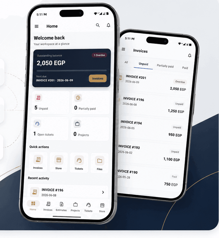 Flutter mobile client portal for invoices, balances, projects, files, and support tickets