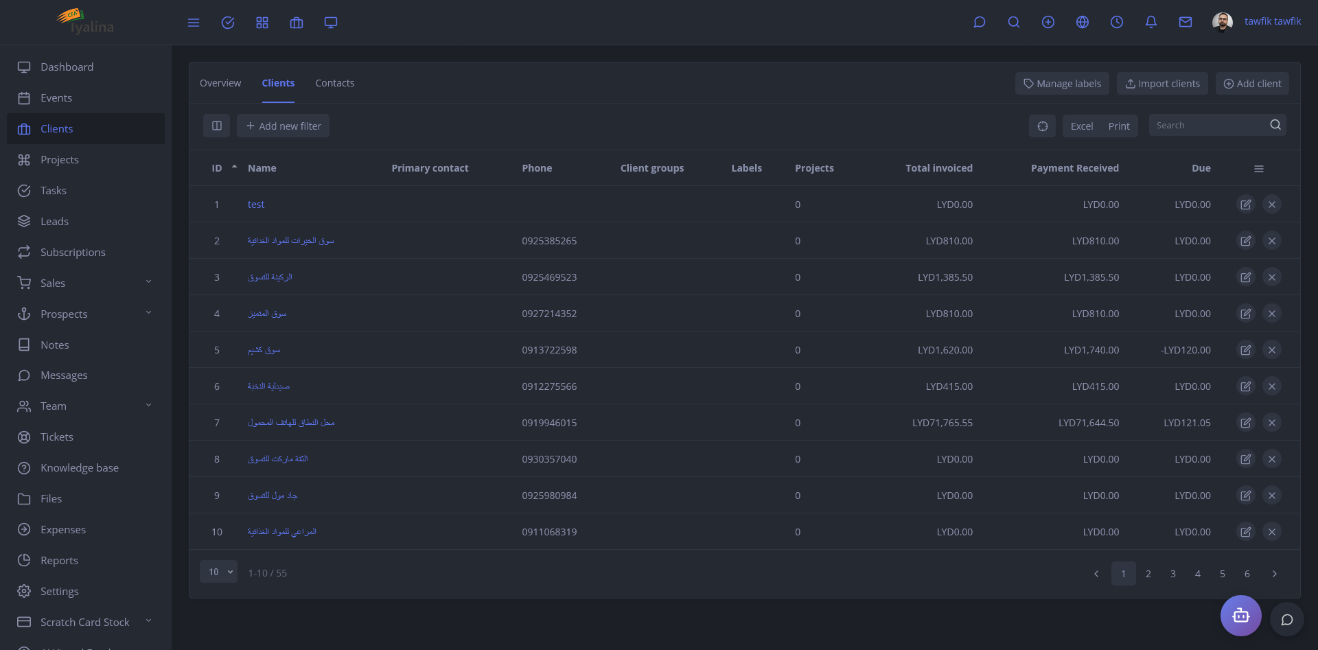 Client ledger showing invoices, payments received, and due amounts