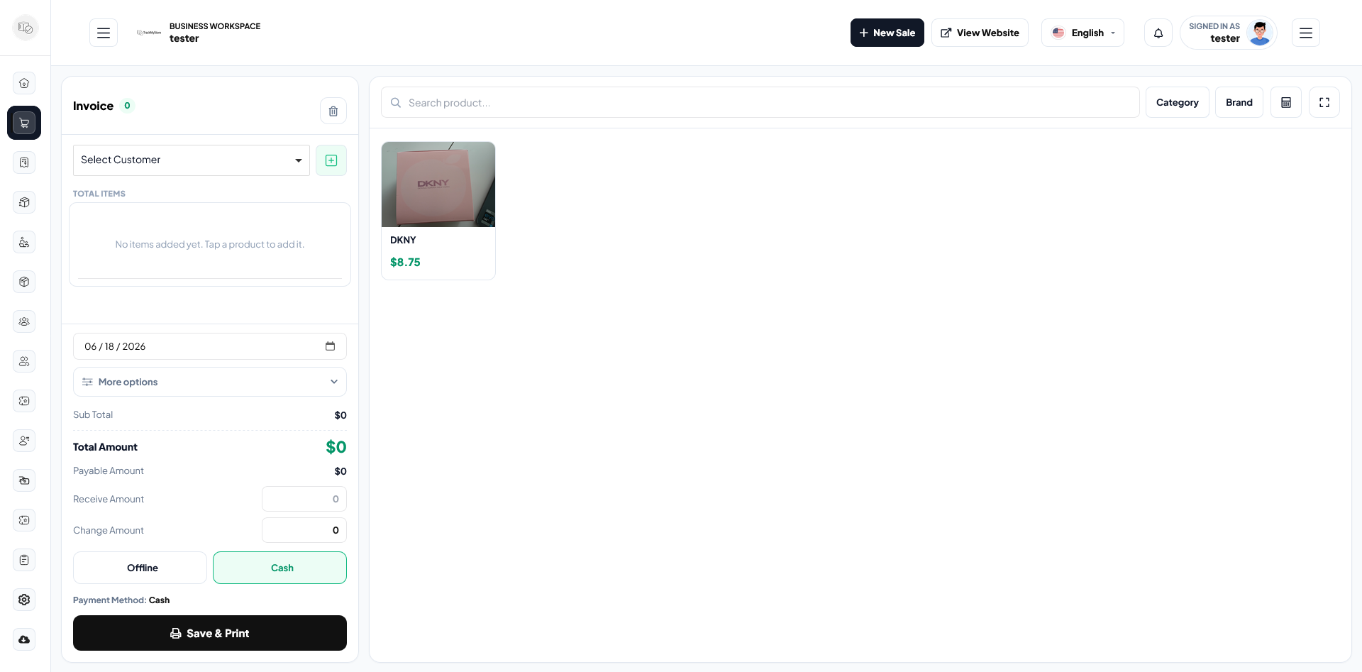 POS sales workspace with customer selection, product search, and payment controls